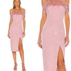 LPA Strapless Feather-Trim Midi Dress in Blush Pink